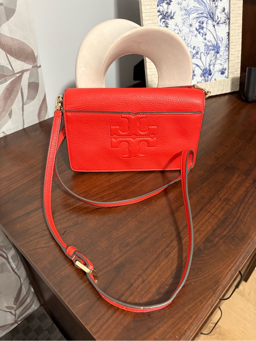 Tory Burch Coral-Red Pebbled Leather Crossbody